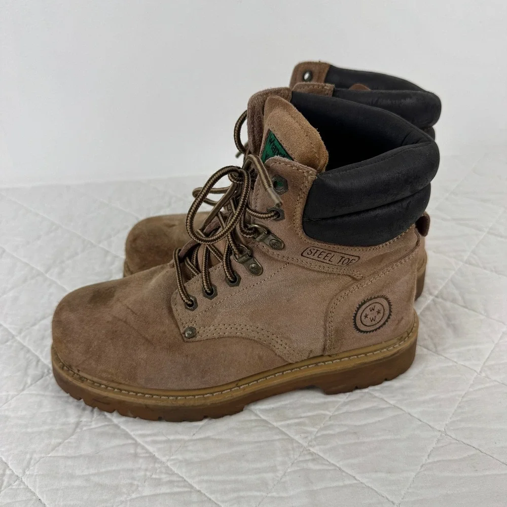 VTG! Wrangler Work Mens Steel Toe Leather Boots‎ Brown 7W ASTM F-2413 OSHA F05-5
